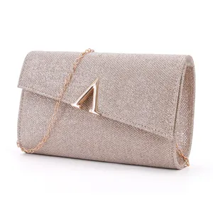 Sparkling glitter evening clutch bag with elegant metallic chain strap and chic letter clasp.
