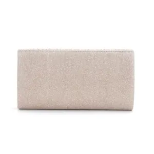 Detailed view of the sparkling glitter clutch bag, featuring a fine shimmering fabric texture.
