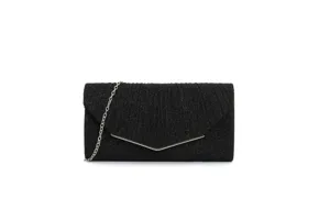 Details of black glitter evening clutch bag with metallic V clasp and chain strap.