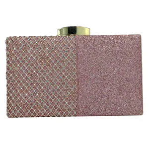 Rhinestone glitter evening clutch bag, pink crystal sequin party purse, gold metal clasp.