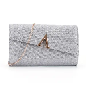 Silver glitter evening clutch bag with rose gold chain strap and metal letter A detail.