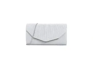 Silver pleated evening clutch detail showing metallic chain strap and stylish front V-trim.