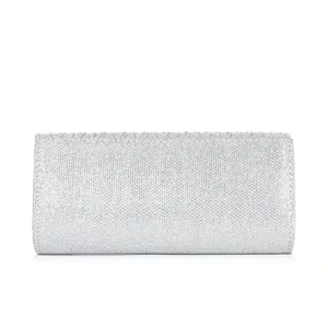 Silver glitter evening clutch bag detail view, sparkling pleated design for parties.
