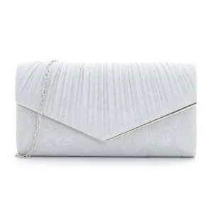 Silver glitter evening clutch bag detail, elegant V-flap folding design with chain strap.