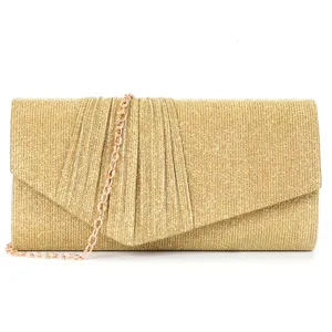 Gold glitter evening clutch bag with pleated flap design and chain strap for women party.