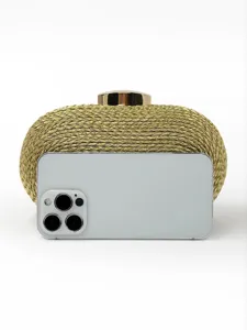 Sac pochette de soirée tissé doré pour femme, sac à main métallique fait main avec fermoir.