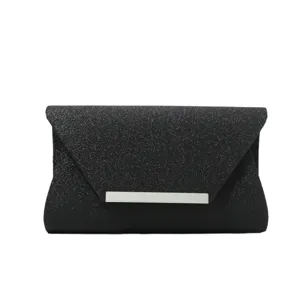 Black glitter clutch bag elegant evening purse for women wedding party cocktail metal bar