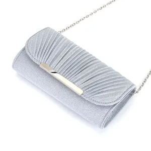 Elegant silver pleated evening clutch bag with metal accent and chain strap for women.