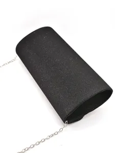 Women's black glitter evening clutch bag with chain strap for party and wedding events.