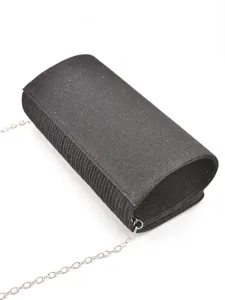 Elegant black glitter evening envelope clutch bag with silver chain strap for party.