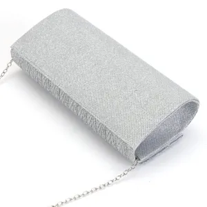 Silver glitter clutch bag for women, elegant evening party purse with sleek metal chain strap.