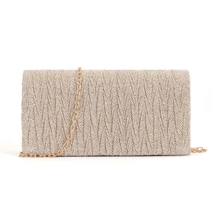 Élégant sac de soirée pour femme pochette plissée métallique rectangulaire avec chaîne dorée