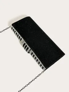 Black glitter rhinestone evening clutch bag with chain strap for women formal party dress.