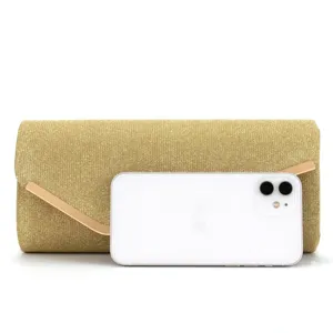Elegant gold glitter evening clutch bag for women, stylish metallic flap design accessory.