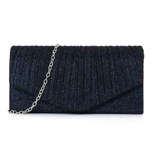 Dark blue glitter evening clutch bag with pleated flap design and stylish silver chain strap.