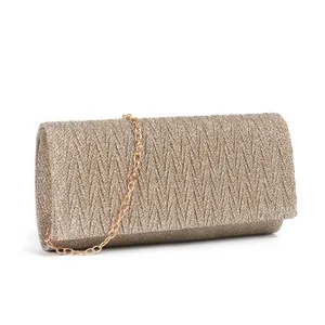 Sparkly pleated evening clutch bag with chain strap for women, elegant party shoulder bag.