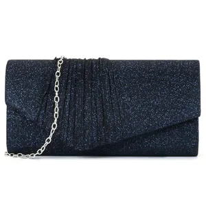 Dark blue glitter evening clutch bag with pleats and silver chain strap for women parties.