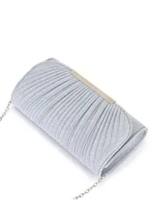 Silver pleated evening clutch bag with metallic bar closure and detachable chain strap detail.