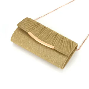 Gold glitter pleated evening clutch bag with metal bar detail and elegant chain strap.