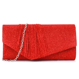 Red glitter clutch bag detail, pleated flap design with silver chain strap for women evening party.