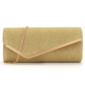 Elegant gold glitter evening clutch bag for women with metal chain and sleek flap design.