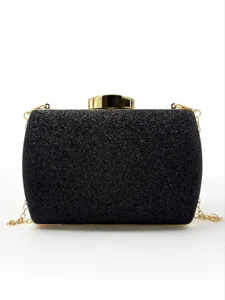 Élégante pochette de soirée noire pailletée avec fermoir doré et chaîne pour femmes.