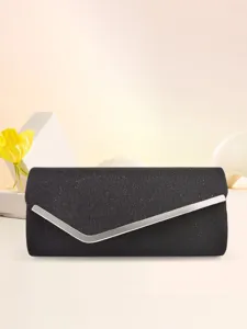 Elegant black glitter evening clutch bag with sleek metal accent trim for women parties.