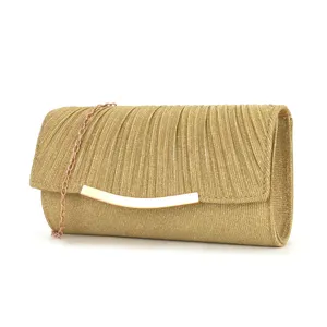 Gold pleated evening clutch bag with chain strap elegant women wedding party handbag