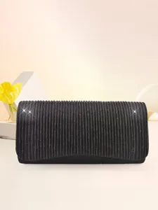 Black pleated evening clutch bag, elegant shimmering design for parties and banquets.