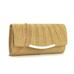 Elegant gold pleated evening clutch bag with chain strap and metallic bar clasp design.