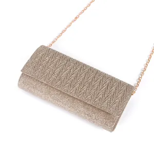 Elegant shimmery glitter clutch bag with metallic chain strap for women evening party wear.
