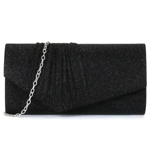Elegant black glitter evening bag with pleated flap and silver chain for women parties.