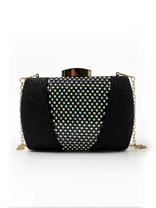Pochette de soirée noire scintillante avec de superbes strass irisés et chaîne dorée.
