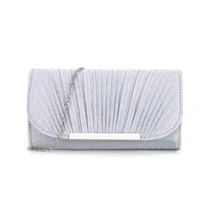 Silver pleated clutch bag for women, elegant evening party shoulder bag with chain strap.