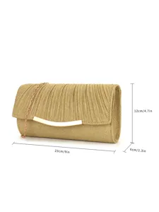 Gold pleated evening clutch bag detail view with metal chain and size dimensions 23x12cm