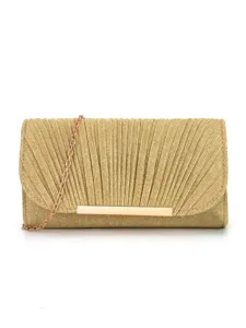 Gold pleated evening clutch bag for women with chain strap, elegant party shoulder purse.