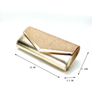Gold glitter clutch bag evening party PU leather envelope purse with metal V-flap design.