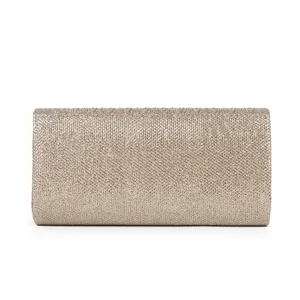 Sparkling glitter clutch detail showcasing the fine golden shimmering evening bag texture.