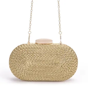 Sac de soirée tissé doré avec bandoulière chaîne, pochette rigide élégante femme.