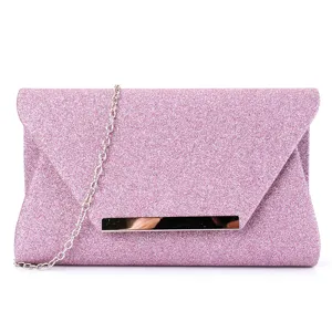 Pink glitter clutch bag detail showing metallic bar closure and silver chain strap.