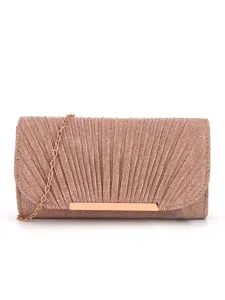 Elegant pleated evening clutch bag detail, shimmering glitter fabric with metallic front bar and chain.