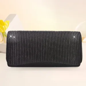 Black pleated evening clutch bag for women, elegant envelope purse for party and wedding.