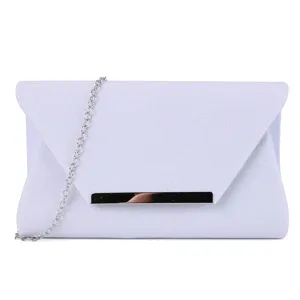 Glitter clutch detail showing shimmering white fabric texture, silver chain and metal bar.