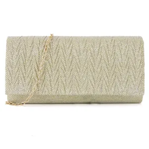 Detailed view of the shimmering pleated clutch bag surface, showcasing sparkling texture and chain.