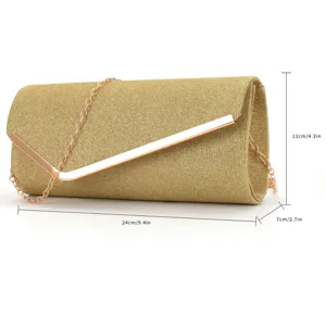 Sac de soirée pochette femme en paillettes dorées avec fermoir en métal et chaîne.