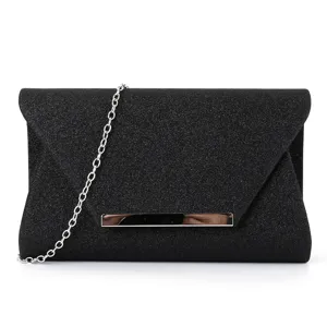 Black glitter evening clutch bag detail showing metallic bar accent and silver chain.