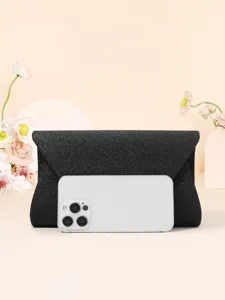 Black glitter evening clutch bag for women, elegant envelope purse for party and wedding.