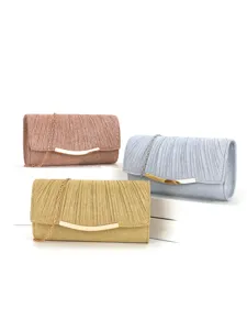 Women's Pleated Evening Bag Metallic Clutch Purse Shiny Pleats Wedding Party Handbag With Chain Strap