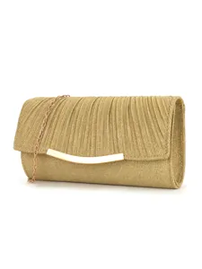 Elegant gold pleated clutch bag for women, stylish evening handbag with metal chain.
