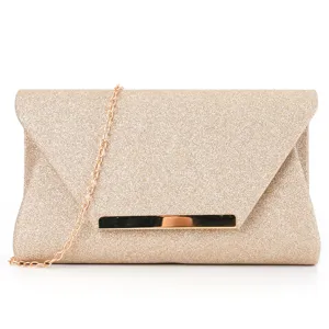 Elegant gold glitter evening clutch bag with metallic closure bar and chain strap.